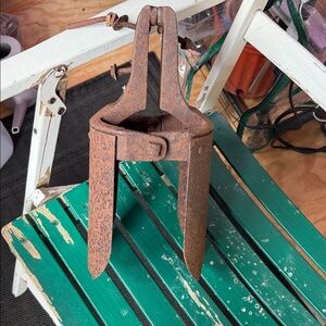 Antique Heavy Rusted 3-Prong Steel Grapple Tool - Rustic Decor